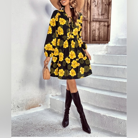 Floral Print Tie Neck Lantern Sleeve Ruffle Hem Smock Dress - Picture 4 of 7